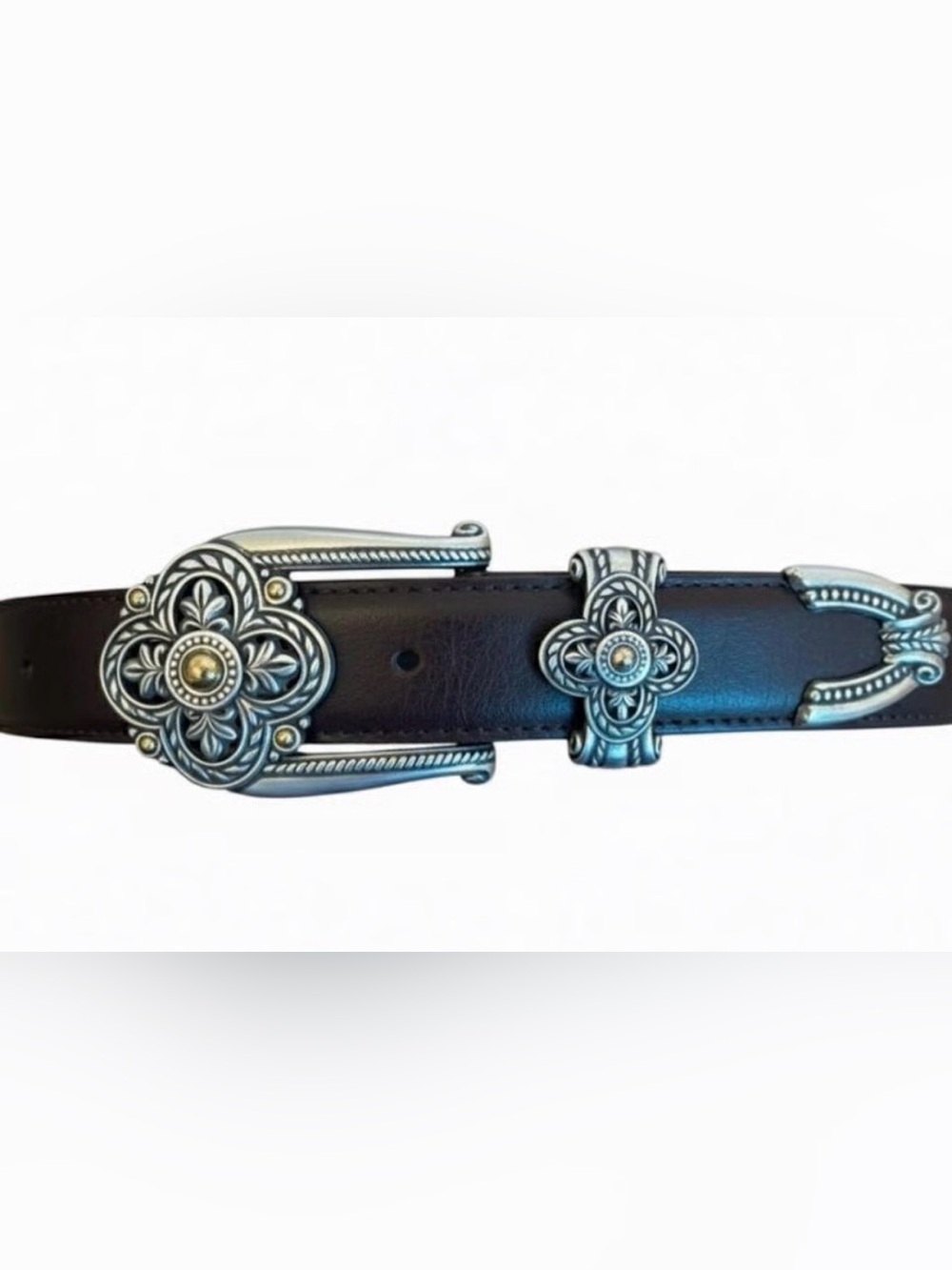 Brighton Brown Leather Belt with Decorative Silver and gold Tone Western Buckle